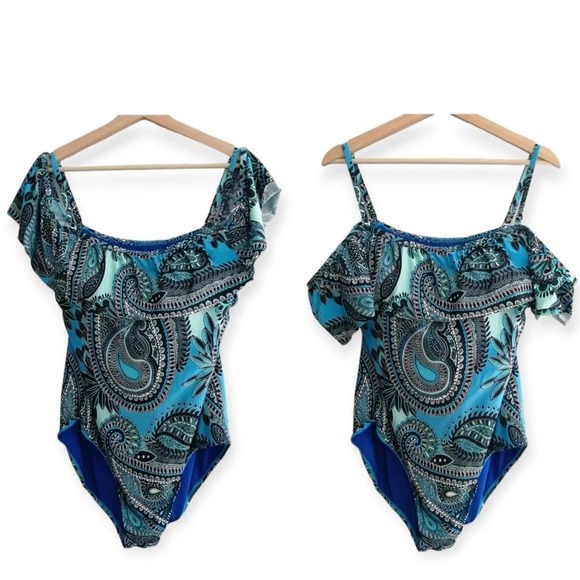Jantzen Aqua Plus Size Reef Blue Paisley Ruffle One Piece Swim Bathing Suit 14 - Picture 16 of 16